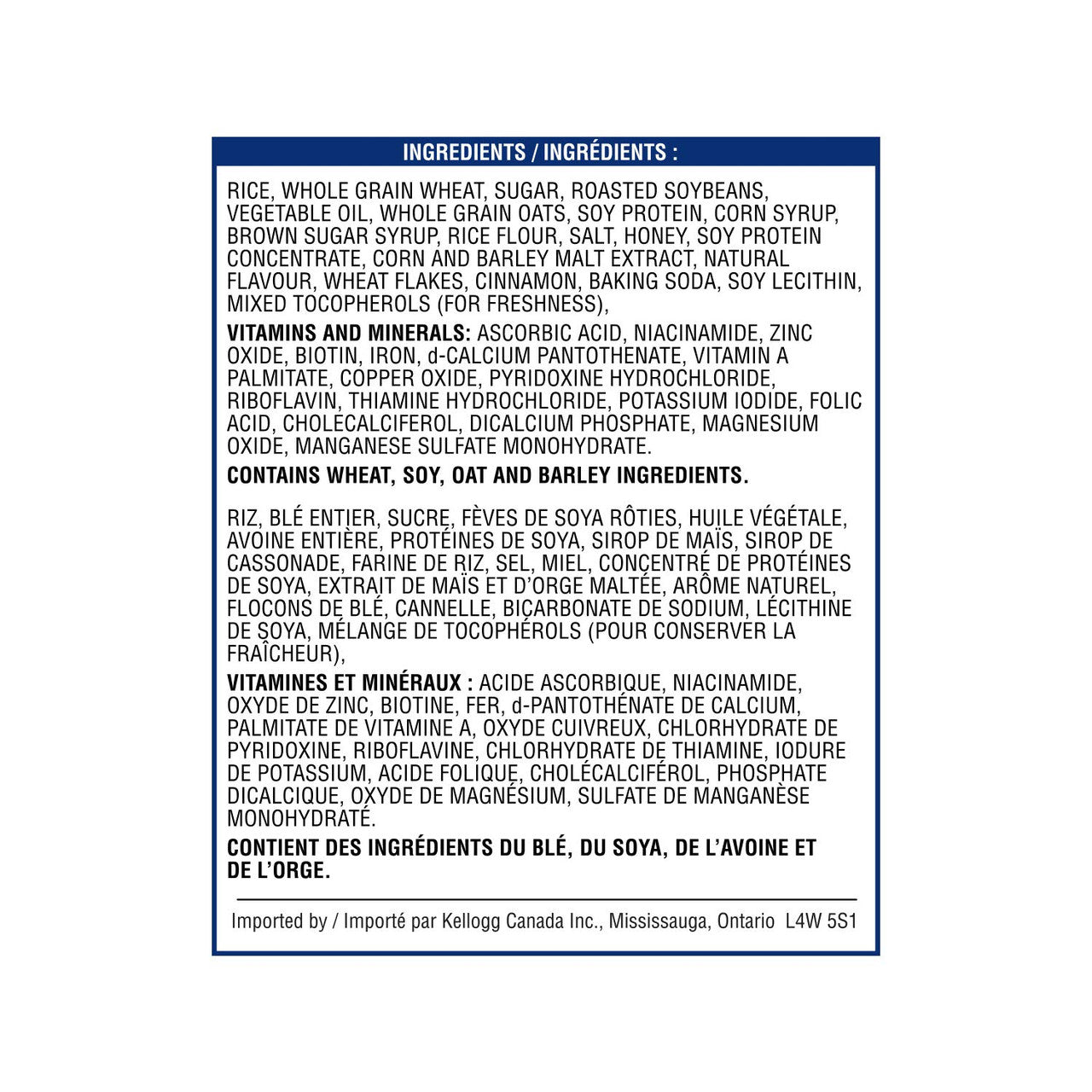 Kellogg's Vector Meal Replacement Cereal, Jumbo Size, 850g/30oz Ingredients Label